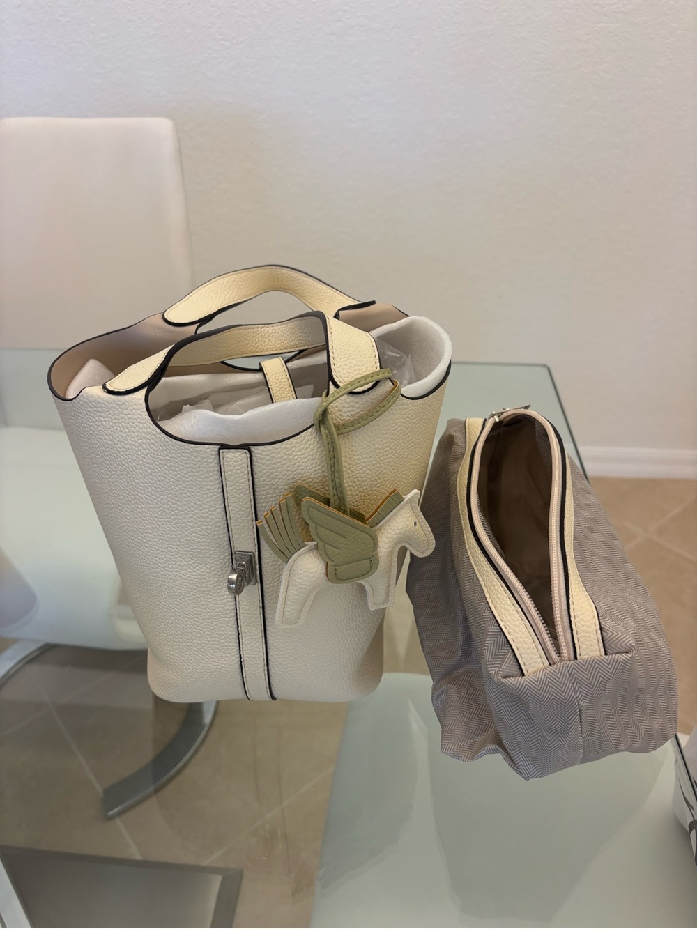 Cream Pebble Leather Top-Handle Tote with Silver Accent - Picture 3 of 7